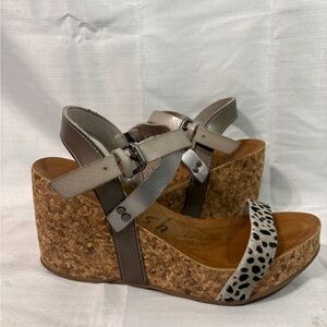 Blowfish Malibu Taupe and Leopard Cork Wedge Sandals